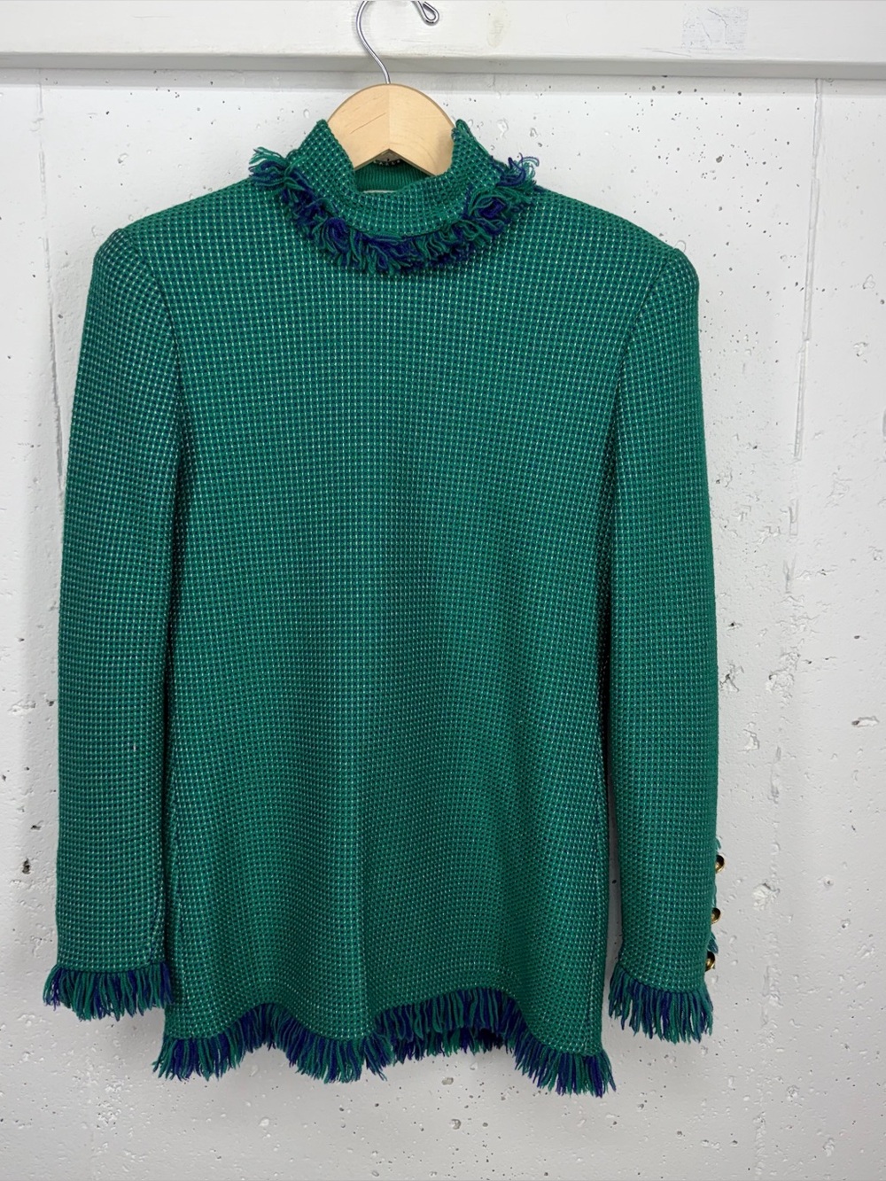 Vintage St. John Women’s size 8 Green & Blue Tweed Front Trim Tunic READ